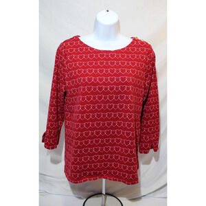 Liz Claiborne Red Hearts 3/4 Sleeve Top Women's S Gold Accent Buttons Valentines